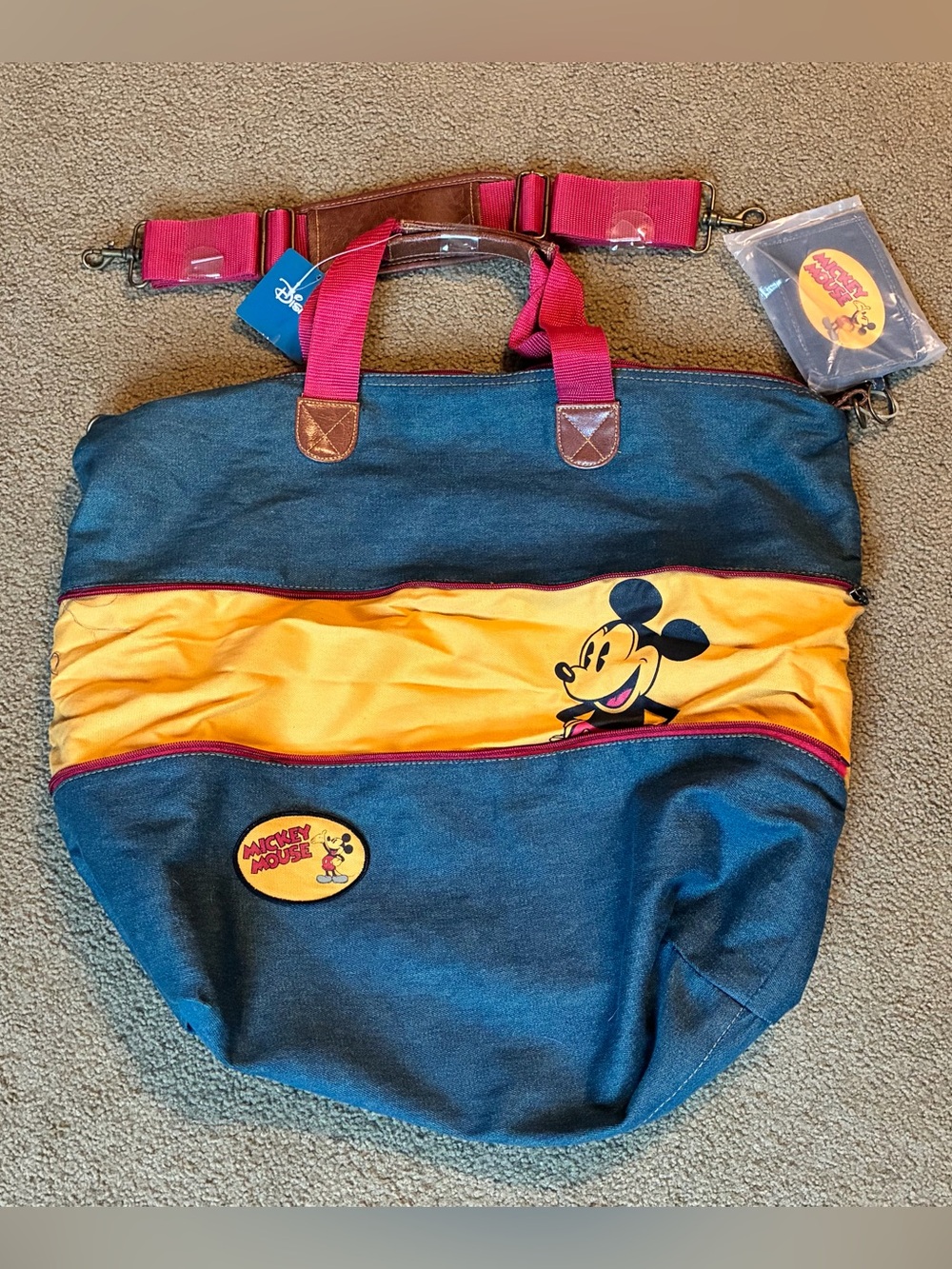 Disney Denim-Style Tote Oversized Shoulder Bag Yellow Zip In Panel Red Handles